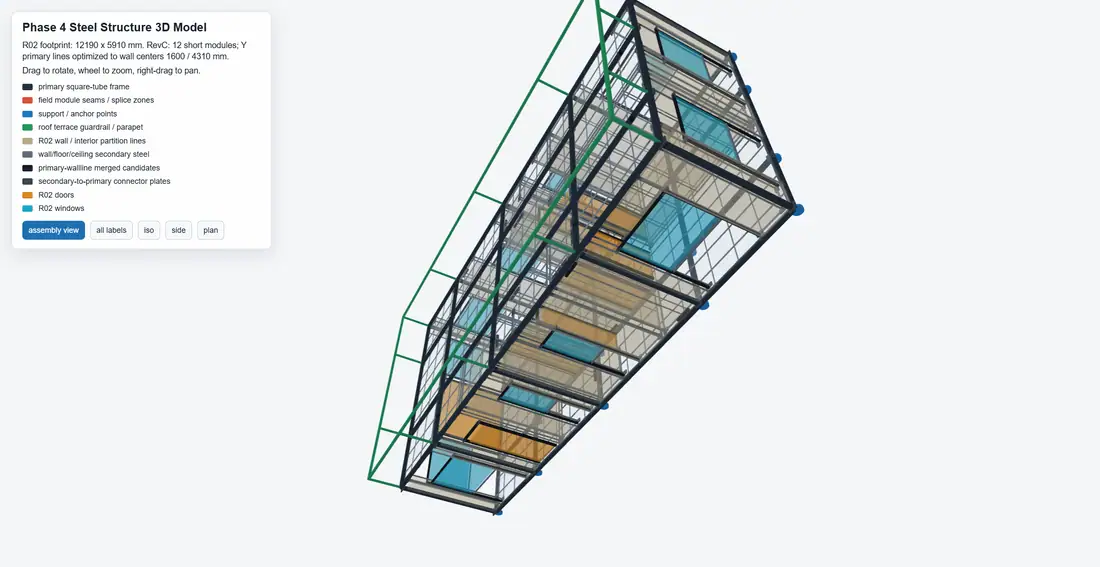 Isometric structural review view showing steel members adjusted around window and wall zones