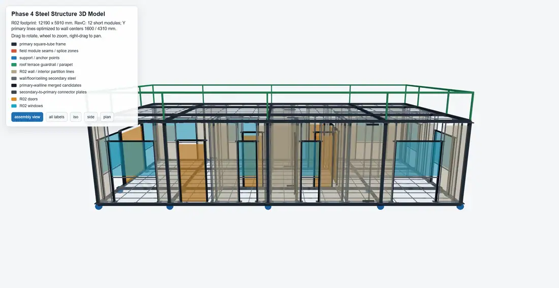 Side structural view showing wall and opening relationships in the modular housing R&D model