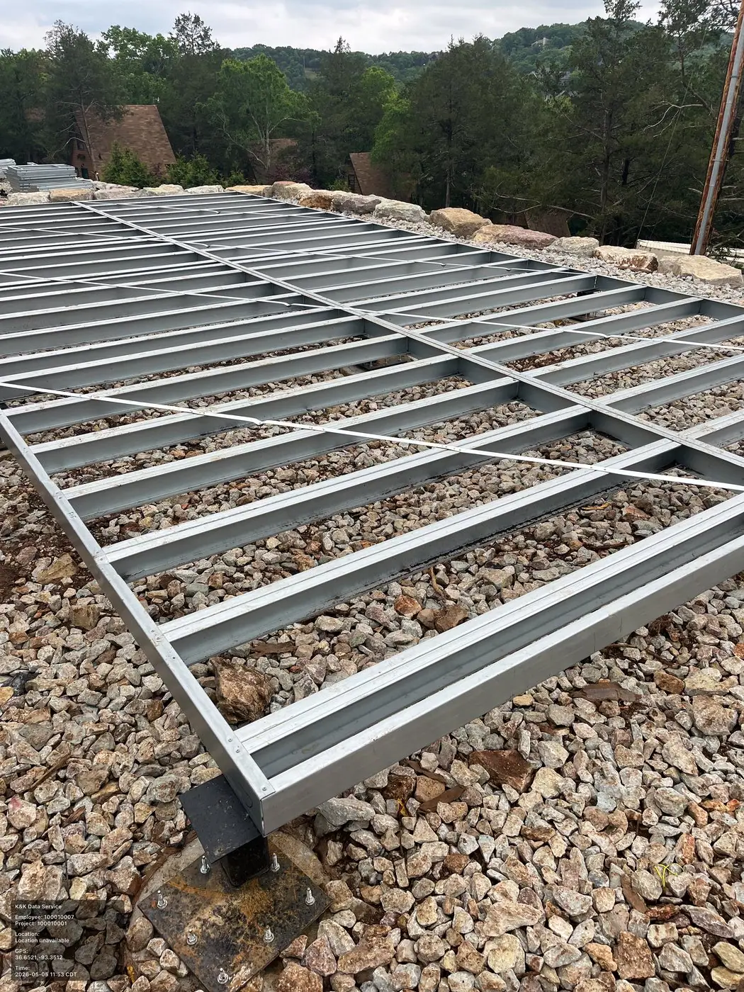 Steel framing grid for a prefab modular structure during installation