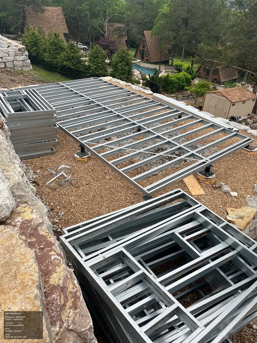 Prefab modular home structure being framed at an active field site