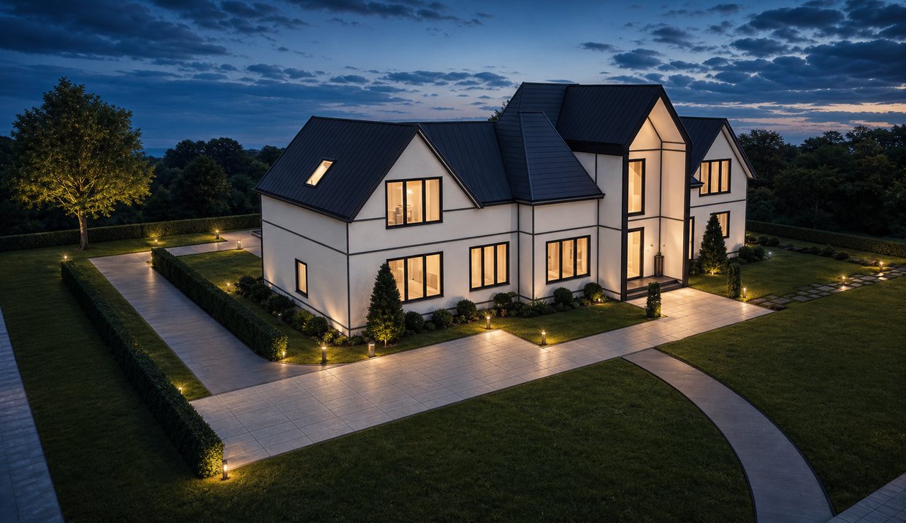 The Evienne contemporary home shown from the front at dusk