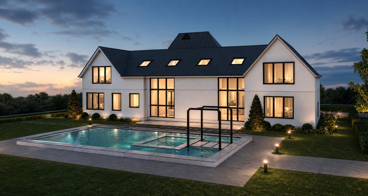 The Evienne rear elevation and pool at dusk