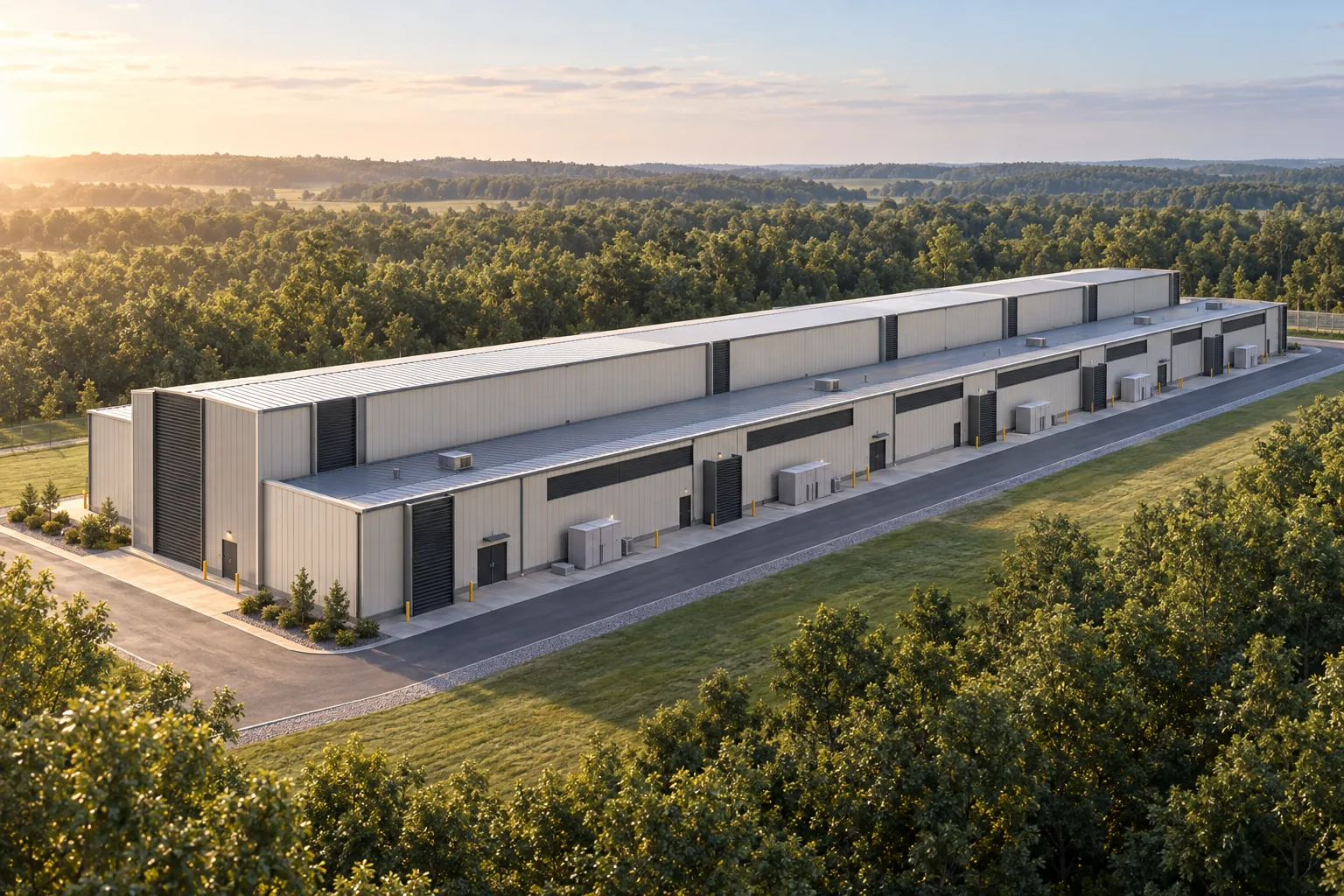 Aerial concept rendering of a single-story data center building on a wooded site at sunrise
