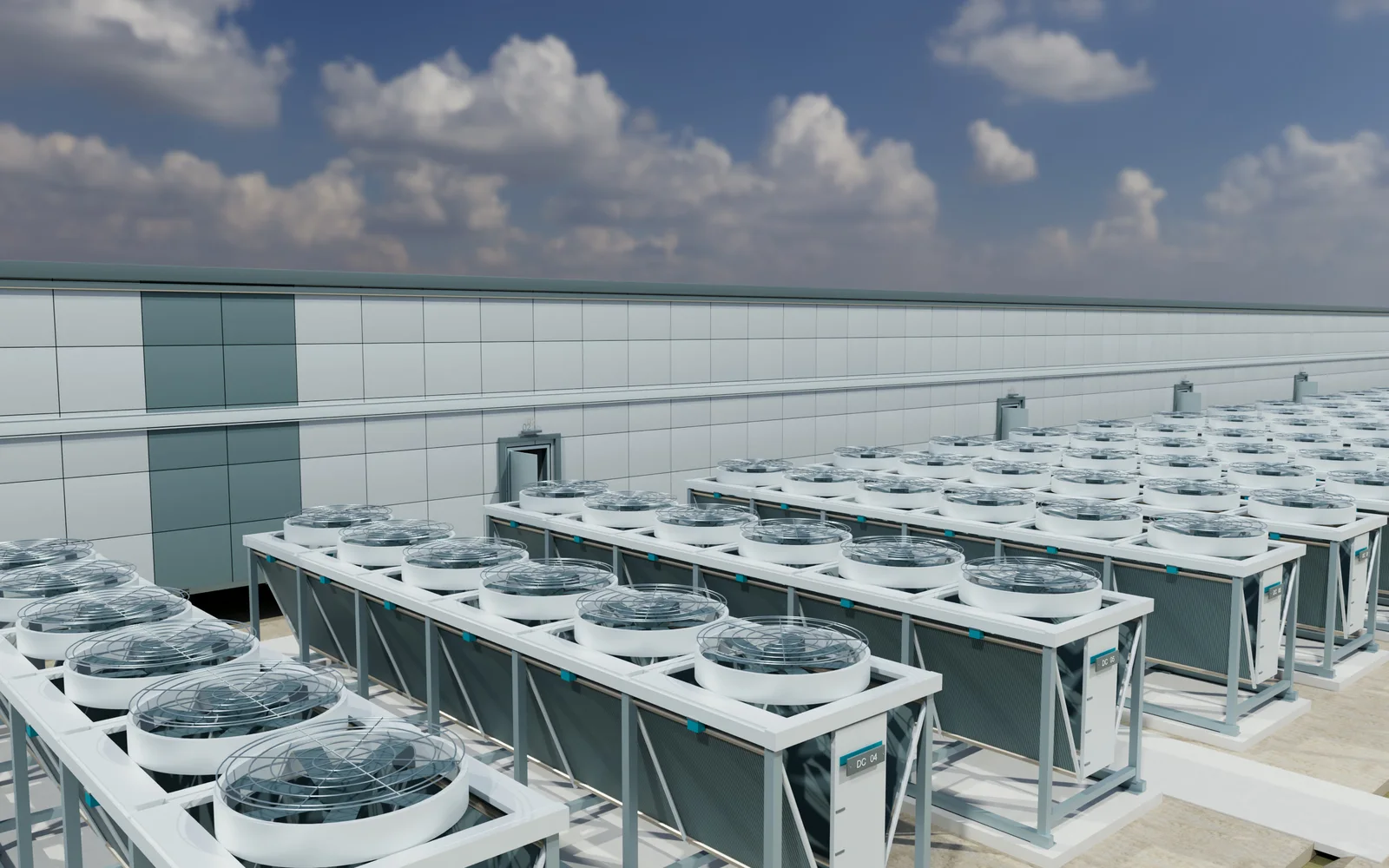 3D rendering of the dry cooler array rows beside the K&K data center hall