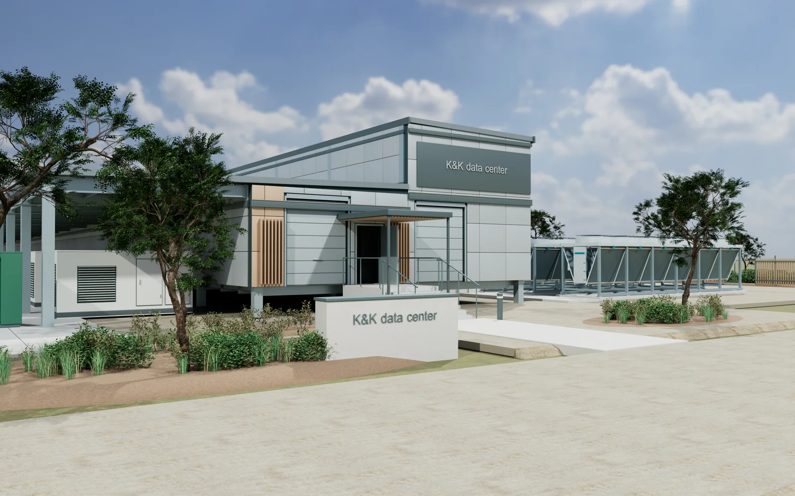 3D rendering of the K&K data center entrance in daylight: silver-grey aluminium facade and covered entry
