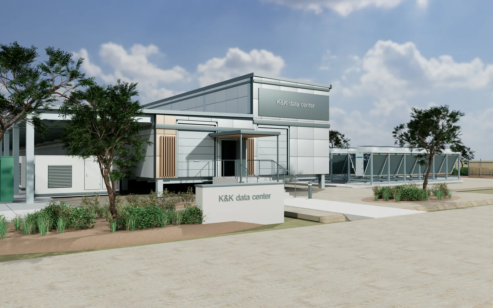 3D rendering of the K&K data center entrance in warm evening light