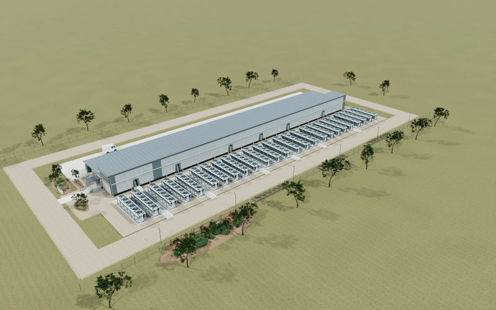 Aerial 3D rendering of the full K&K data center site: long modular hall with dry-cooler rows on both sides, fencing and landscaping