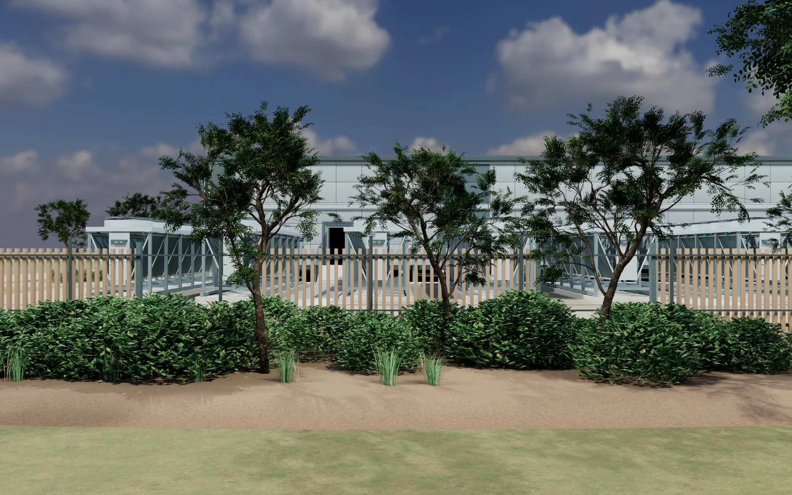 3D rendering of the K&K data center landscaped site edge with trees and fence line