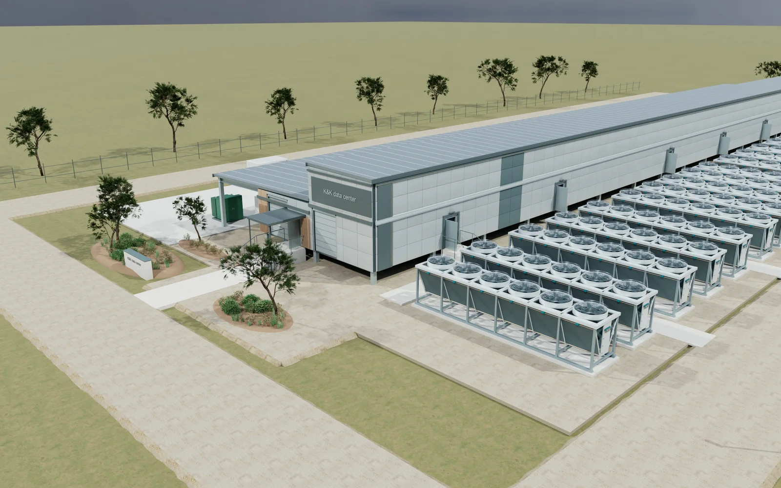 Close aerial 3D rendering of the K&K data center building and cooling equipment yard