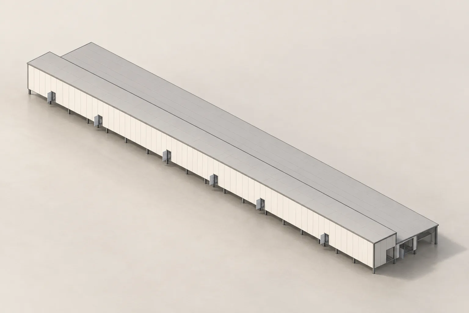 3D model rendering of a long modular data center building with service doors along one facade